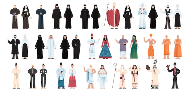 Vector conjunto de personas de religión con uniforme específico. colección de figuras religiosas masculinas y femeninas. monje budista, sacerdotes cristianos, rabino judaísta, mullah musulmán. ilustración