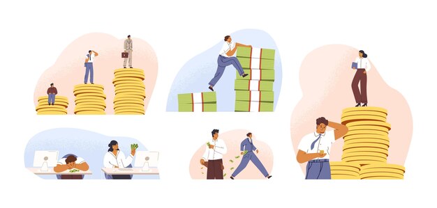 Conjunto de personas ricas y pobres con diferentes salarios, ingresos o oportunidades injustas de crecimiento profesional. Concepto de desigualdad financiera o brecha en los ingresos. Ilustración de dibujos animados de vector plano aislado en blanco