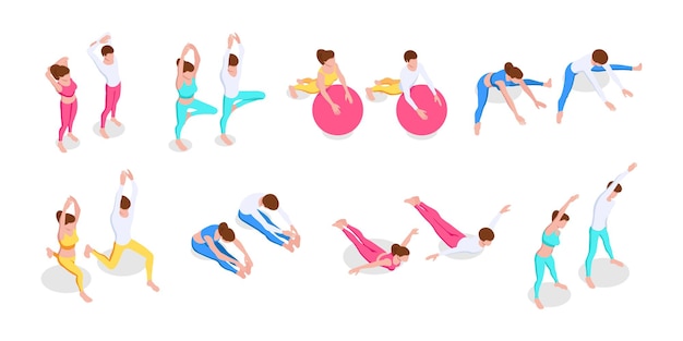 Conjunto de personas sin rostro haciendo fitness y estiramiento. Actividades en casa, por parejas, estilo de vida saludable. Ilustración de vector isométrico aislado sobre fondo blanco.