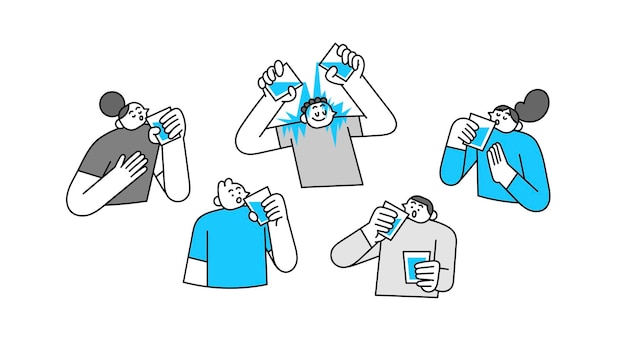 Vector conjunto de personas sedientas bebiendo de un vaso de agua ilustración de personaje dibujado a mano