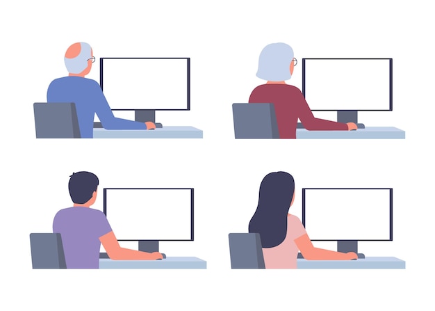 Conjunto de personas sentadas en la mesa de trabajo de la computadora vista posterior anciano hombre anciano mujer en el lugar de trabajo vector