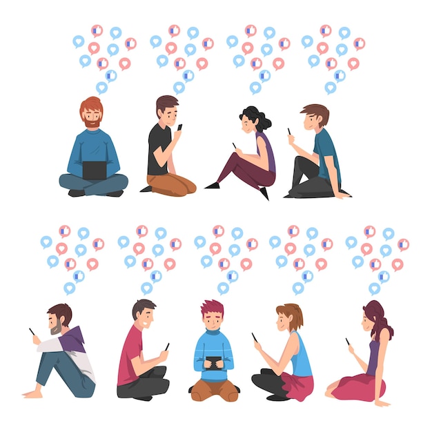 Conjunto de personas sentadas en el suelo con aparatos digitales Chicos y chicas usando teléfonos inteligentes tabletas PC para comunicarse navegando por Internet Ilustración vectorial