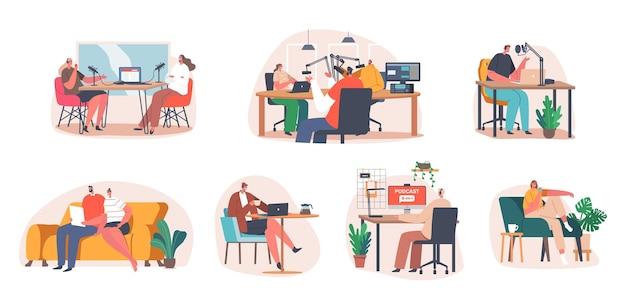 Conjunto de personas sonrientes que escuchan y graban podcasts de audio o espectáculos en línea Personajes masculinos y femeninos alegres Presentador de radio Entrevistando a invitados Difusión de medios masivos Dibujos animados Gente Vector Ilustración