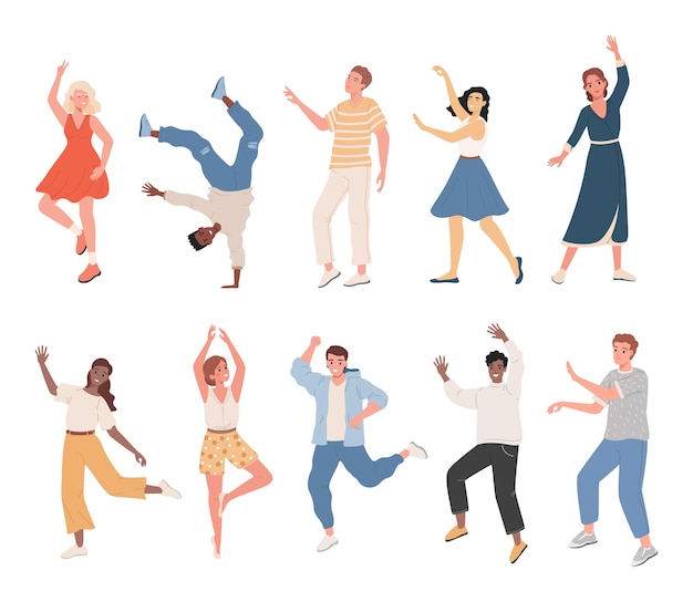 Conjunto de personas sonrientes en ropa casual bailando, sintiéndose positivo