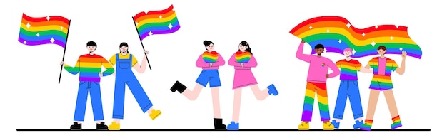 Conjunto de personas sosteniendo la bandera del arco iris Celebran el Mes del Orgullo con Amor, Igualdad y Diversidad