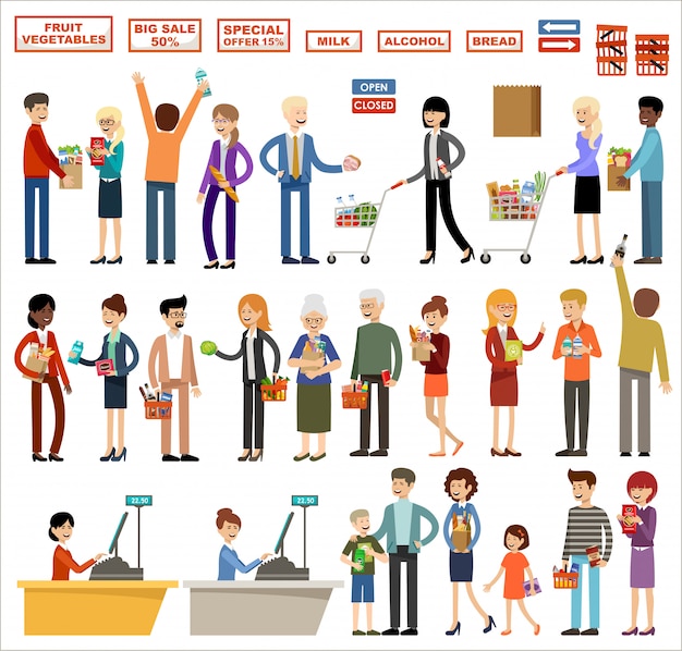 Conjunto de personas en un supermercado sobre un fondo blanco. Compras, productos, compras
