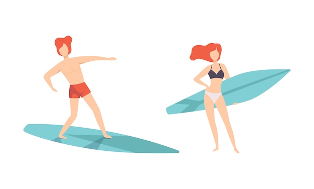Conjunto de personas en traje de baño Surfando en el mar Hombre y mujer jóvenes Surfistas en ropa de playa Realizando actividades de ocio al aire libre en la playa con tablas de surf Ilustración vectorial plana