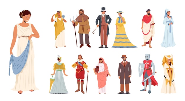 Vector conjunto de personas en trajes históricos personajes masculinos y femeninos visten la era victoriana griega antigua edad media