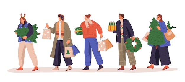 Vector conjunto de personas vectoriales aisladas con regalos de año nuevo, vacaciones de invierno y compras festivas en invierno