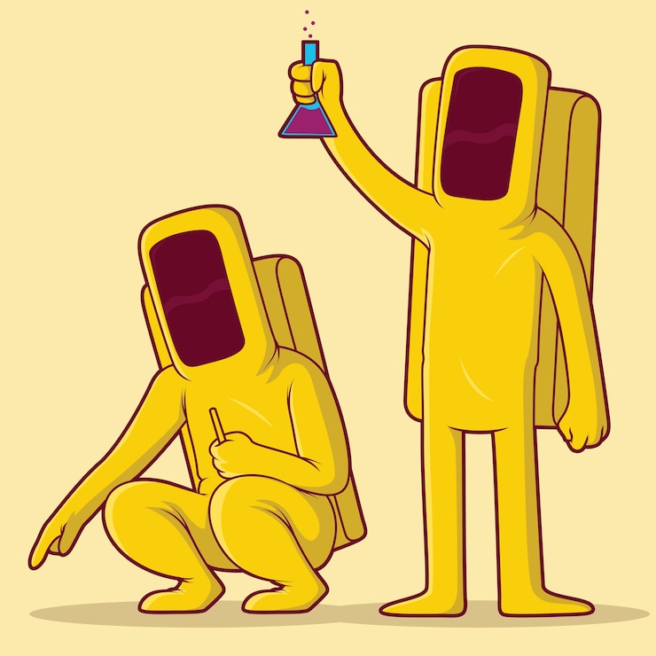 Vector conjunto de personas vestidas con una ilustración de traje de riesgo biológico. concepto de diseño médico