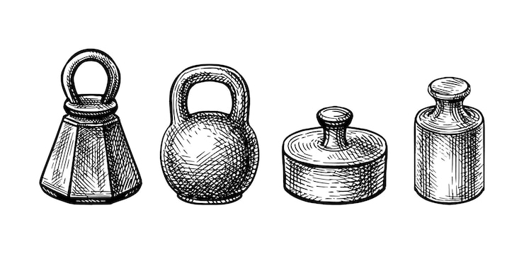 Vector conjunto de pesas antiguas bocetos de tinta