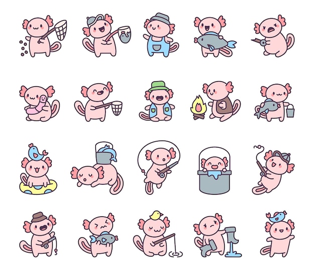 Conjunto de pesca de axólotl con personajes adorables