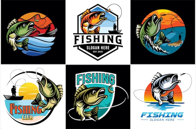 Conjunto, de, pesca, logotipo, símbolo, emblema, insignia, y, diseño,  elemento, acción, ilustración
