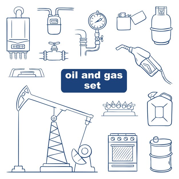 Conjunto de petróleo y gas Ilustración vectorial dibujada a mano