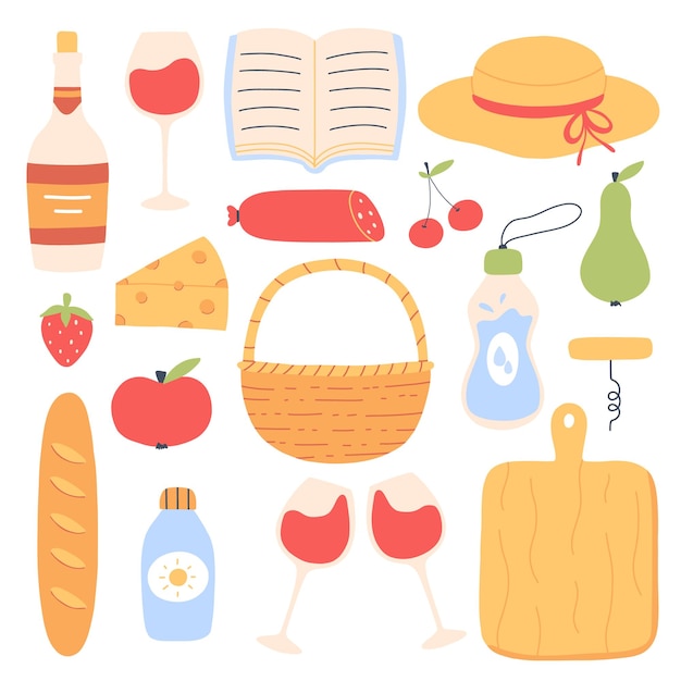 Conjunto de picnic de verano Colección de elementos para picnic de primavera Cesta de sombrero vino queso Ilustración vectorial Estilo plano dibujado a mano