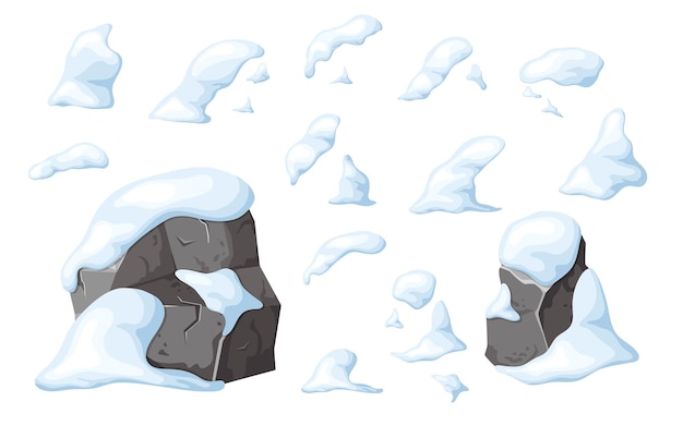 Conjunto de piedra y roca en elementos de nieve para el juego de diseño ui montañas nevadas en el montón de dibujos animados de