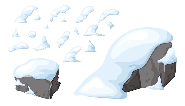 Vector conjunto de piedra y roca en la nieve elementos para el juego de diseño ui montañas nevadas en dibujos animados montón de rocas en invierno rocas y material de construcción edad de hielo en ilustración vectorial