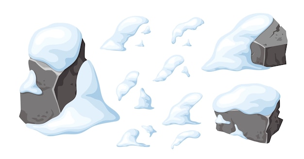 Conjunto de piedra y roca en la nieve Elementos para el juego de diseño ui Montañas nevadas en dibujos animados montón de rocas en invierno Rocas y material de construcción Edad de hielo en ilustración vectorial