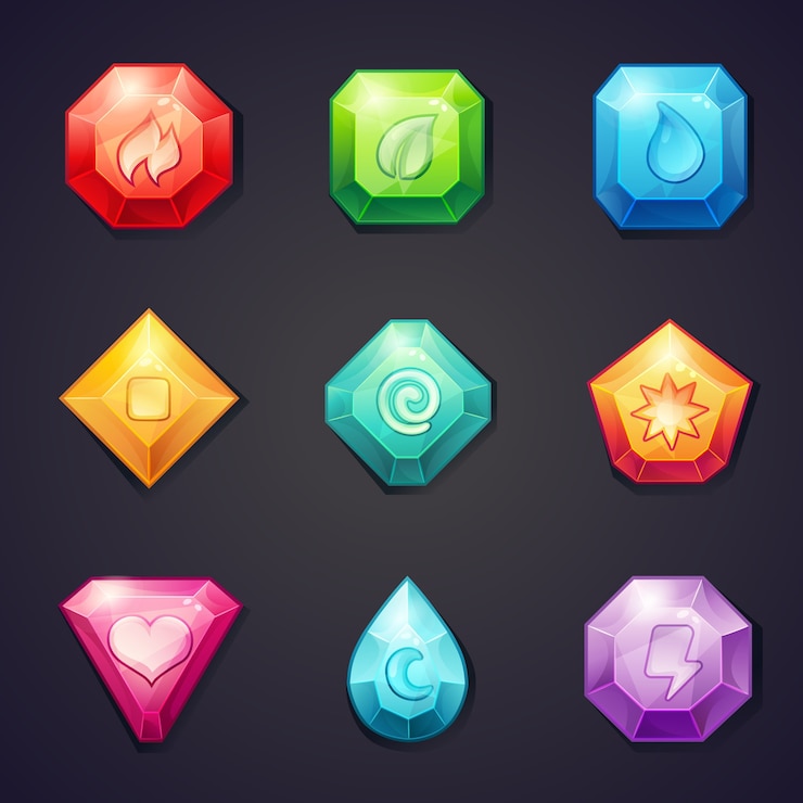 Vector conjunto de piedras de colores de dibujos animados con elementos de diferentes signos para usar en el juego, tres seguidos