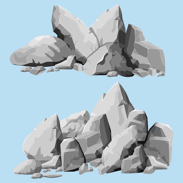 Conjunto de piedras elementos de roca diferentes formas y tonos de gris rocas de estilo de dibujos animados conjunto de diseño plano piedras isométricas en fondo blanco se puede simplemente reagrupar rocas vector