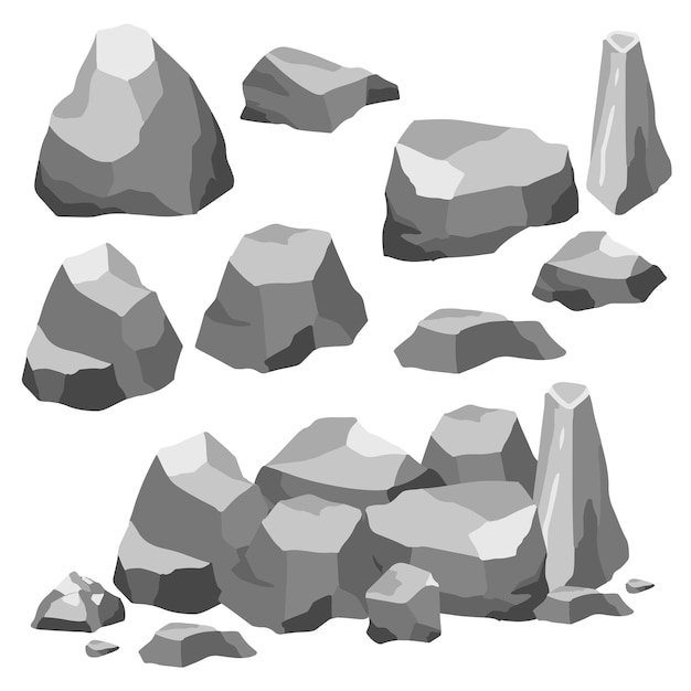 Conjunto de piedras de roca dibujado piedras y rocas en estilo plano 3d isométrico conjunto de diferentes rocas