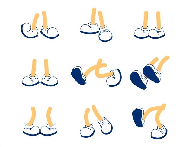 Conjunto de pies de dibujos animados en zapatos Estilo Retor Conjunto de vectores Zapatos aislados movimientos de pasos