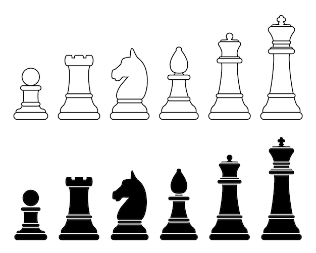 Conjunto de piezas de ajedrez de silueta vectorial negra y blanca Ilustración de piezas deajedrez forma peón torre caballero obispo reina rey aislado en blanco