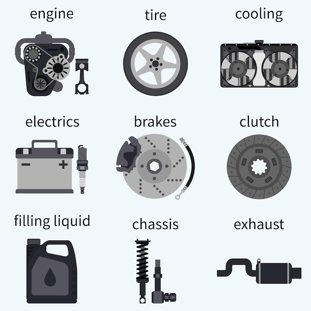 Vector conjunto de piezas de automóviles sistemas de automóviles reparaciones de automóviles motor rueda pistón freno batería refrigeración amortiguador escape radiador suspensión vela embrague vector ilustración diseño plano