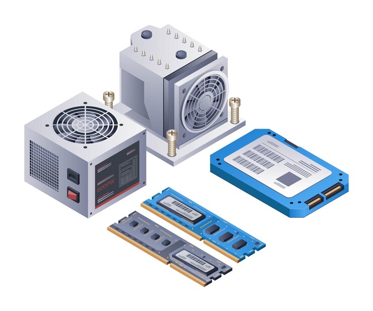 Vector un conjunto de piezas de computadora de juegos infografías ilustración 3d isométrica plana