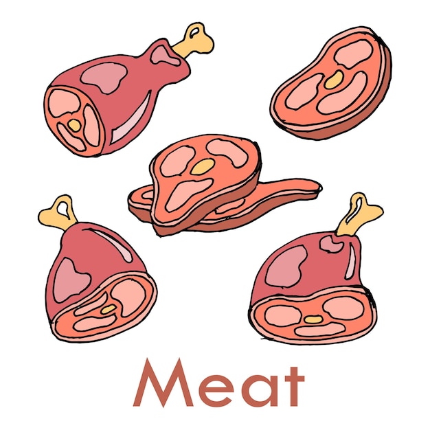 Conjunto de piezas dibujadas a mano de carne, jamón, embutidos. imprimir, ilustración, vector