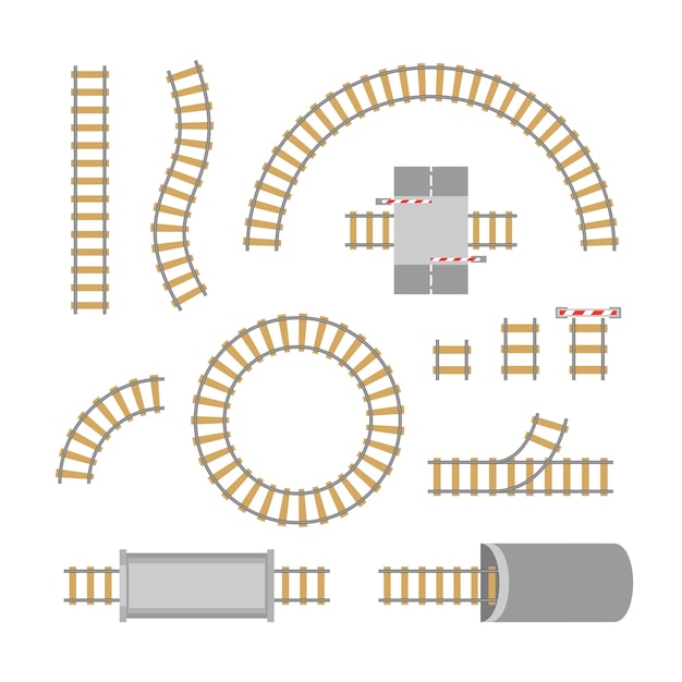 Conjunto de piezas de elementos ferroviarios para constructor de juguetes aislado sobre fondo blanco Diseño web y de aplicaciones Ilustración vectorial