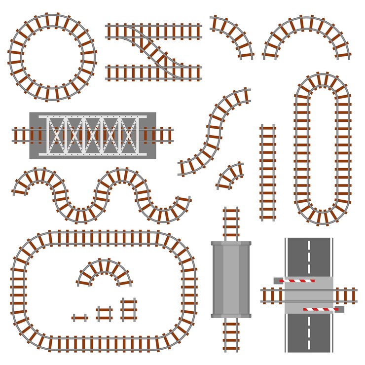 Vector conjunto de piezas de ferrocarril, vista superior de ferrocarril o ferrocarril. diferentes elementos de construcción de trenes.