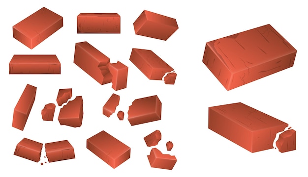 Conjunto de piezas de ladrillo rojo 3D isométrico pared de ladrillos rojos aislados Eps Vector