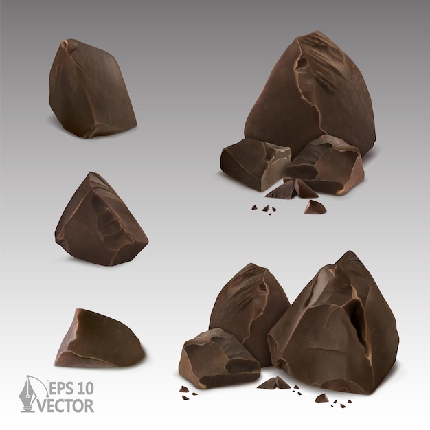 Conjunto de piezas realistas de chispas de chocolate de chocolate roto primer icono de vector 3d de dulces de cacao