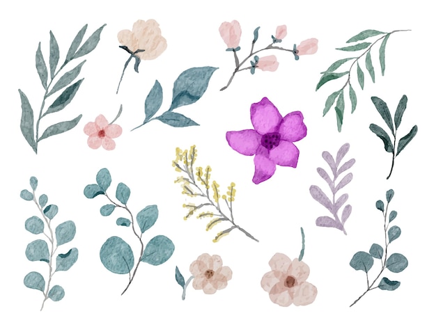 Conjunto de piezas separadas y unidas a un hermoso ramo de flores en estilo de colores de agua en la ilustración de vector plano de fondo blanco
