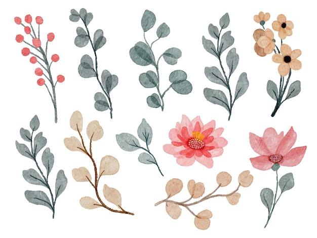 Conjunto de piezas separadas y unidas a un hermoso ramo de flores en estilo de colores de agua en la ilustración de vector plano de fondo blanco