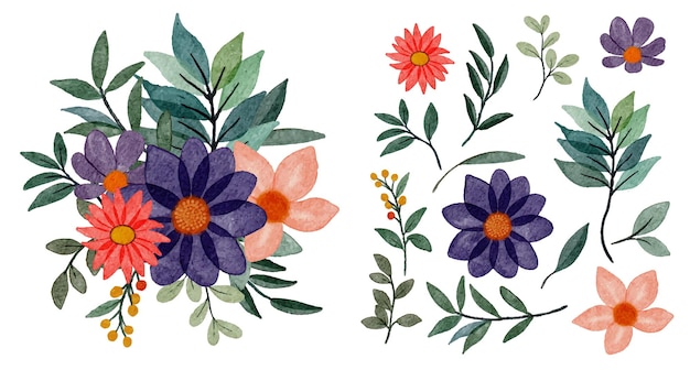 Conjunto de piezas separadas y unidas a un hermoso ramo de flores en estilo de colores de agua en la ilustración de vector plano de fondo blanco