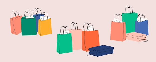 Conjunto de pila de dibujos animados Compras o bolsas de regalo Papel artesanal Sacos para compras regalos Venta de compras
