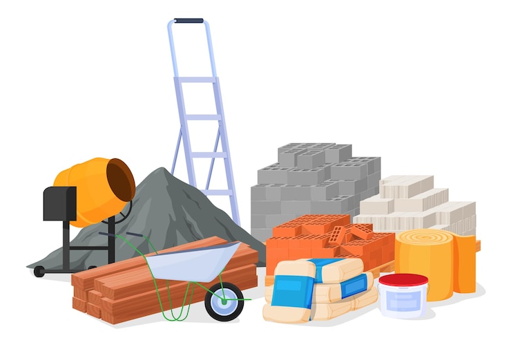 Vector conjunto de pilas de materiales de construcción elementos metálicos de ladrillo de tablero de materiales de construcción sueltos ilustración vectorial sobre fondo blanco