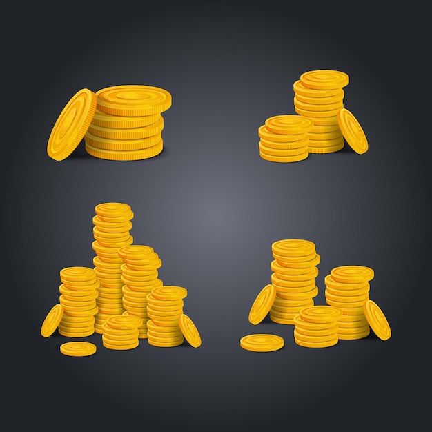 Conjunto de pilas de monedas de oro sobre fondo negro. Coloridos montones de dinero dinero activos del juego realista. Ilustración vectorial de stock
