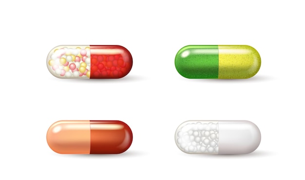 Conjunto de píldoras médicas, cápsulas realistas con dos mitades brillantes de colores aisladas en fondo blanco. medicamentos de farmacia, icono de antibióticos. ilustración vectorial 3d