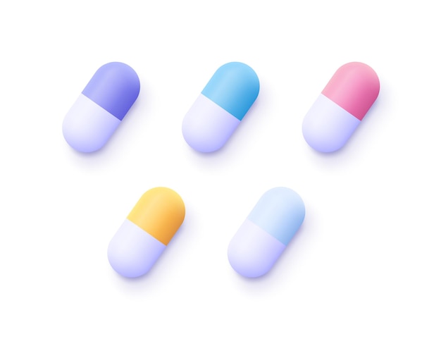 Conjunto de píldoras médicas de color. Icono de vector 3d. Estilo minimalista de dibujos animados. Cápsula médica y medicamentos. Concepto de salud y medicina.