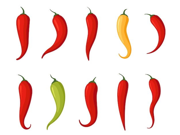 Conjunto de pimientos picantes de diferentes colores y formas. Ingrediente de comida picante. Aislado en un fondo blanco.