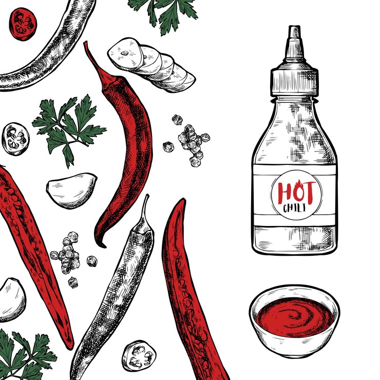 Vector conjunto de pimientos picantes en estilo de línea vintage salsa picante para pollo ilustración para un folleto o menú