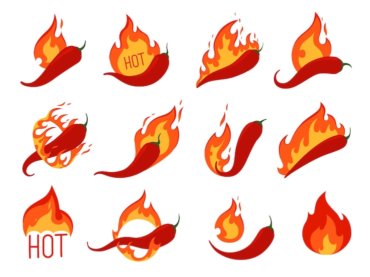 Vector conjunto de pimientos picantes en llamas. iconos de comida picante. aislado en un fondo blanco.