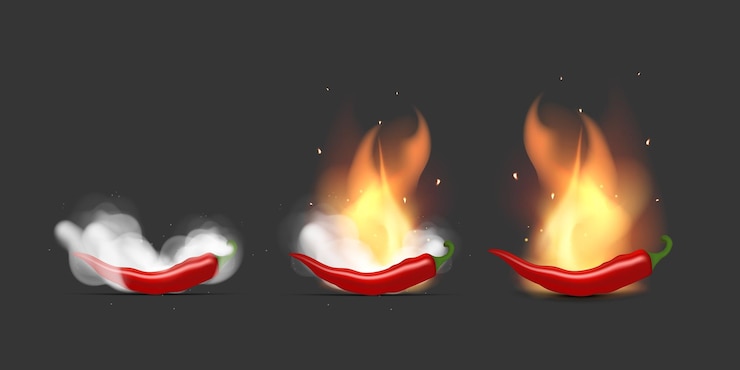 Vector conjunto de pimientos rojos calientes en llamas y humo chile pimientos nubes blancas de humo y llamas estilo realista vector