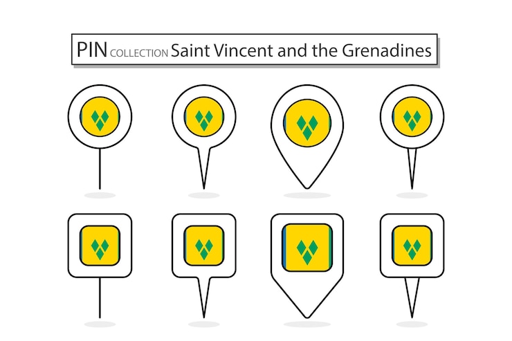 Vector conjunto de pin plano san vicente y el icono de la bandera de las granadinas en diversas formas icono de pin plano