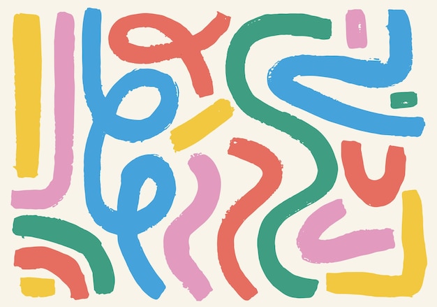 Conjunto de pinceles de rayas lúdicas con textura curva Fondo de color con bucle y línea dibujada a mano Grunge pinceladas negras audaces