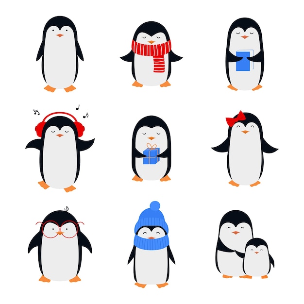 Vector conjunto de pingüinos de dibujos animados lindo en estilo plano