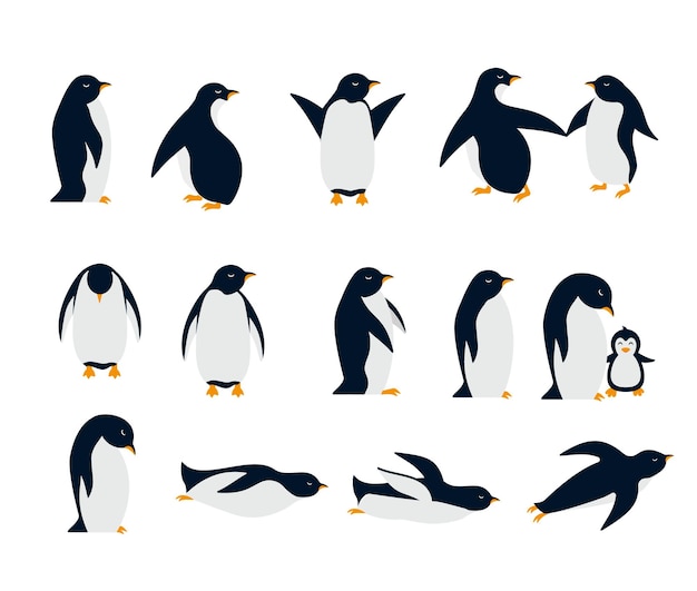 Conjunto de pingüinos felices en diferentes poses